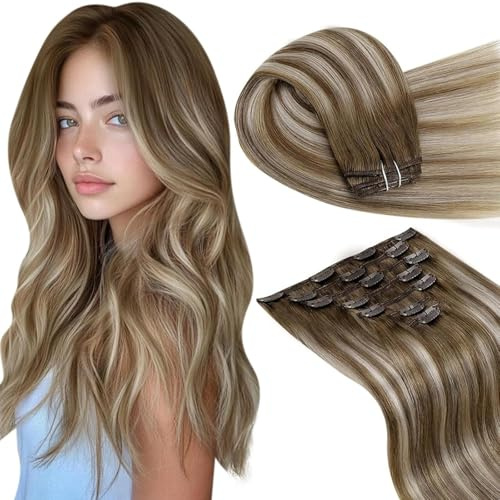 LaaVoo Clip in Extensions Blond Balayage Extensions Clip Echthaar Glatt Ombre Hellbraun Blond 120g 7pcs #8/60/8 45cm