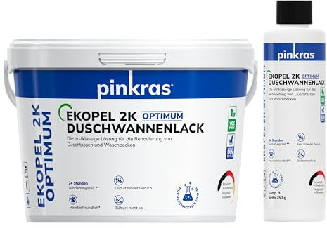 EKOPEL 2K Optimum Wasserfeste Farbe für Dusche | 24 St Härtungszeit| Badewannenlack weiß Set | Badewannen Beschichtung aus Emaille Lack | dicke Badewannenfarbe | Duschwanne bis 90x90 cm…