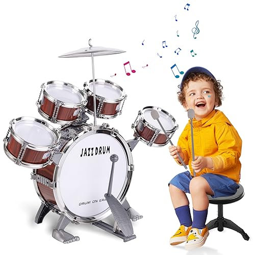 Kinderschlagzeug,Schlagzeug für Kinder Set 5 Trommelns mit Hocker Percussion-Musikinstrumente,Jazz Rock Drum Set Kindergeburtstag Weihnachten Kinder ab 3 Jährige (Rot)