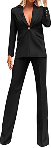 Completo da Ufficio Tailleur da Donna Elegante Completo BIazer e Pantaloni da Cerimonia Tuta con Maniche Lunghe e Vita Elastica Set Due Pezzi in Tinta Unita per Estive e Autunno-Inverno (Black, XL)