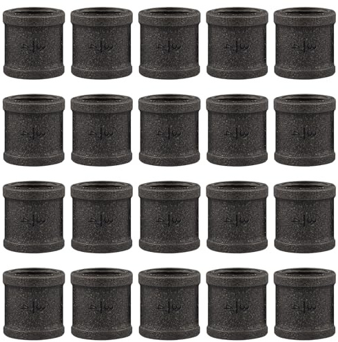 NIUBID 20 Pack 3/4 Inch Malleable Cast Iron Pipe Couplings | Threaded couplings connect black iron pipes and fittings for shelving, furniture, and steampunk-style DIY projects.