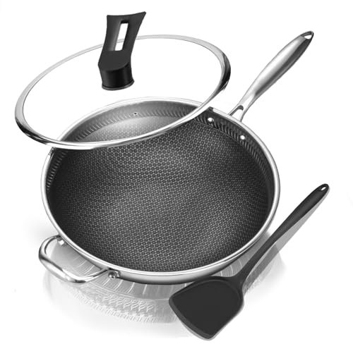 Wok Non Stick Frying Pans 32cm Hybrid Stainless Steel Wok With Lid Spatula Stay Cool Handle, Woks Stir-Fry Pans Induction Frying Pan Cookware Suitable for Induction Ceramic Electric Gas Cooktops