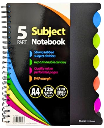 A4 / A5 5-Part Subject Notebook with Strong Repositionable Tabbed Dividers Micro-Perforated Feint Ruled Pages with Margin 70 gsm Paper - Available in Packs of 1 3 or 5 - Ideal for School Office Home