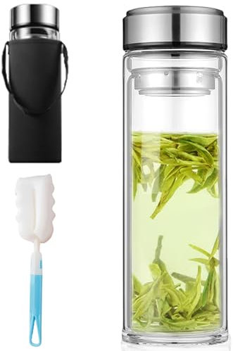 Borraccia in vetro da 1 litro, a doppia parete, in vetro, 1 l, con spazzola e set di tazze, bottiglia da tè con colino da 1 l