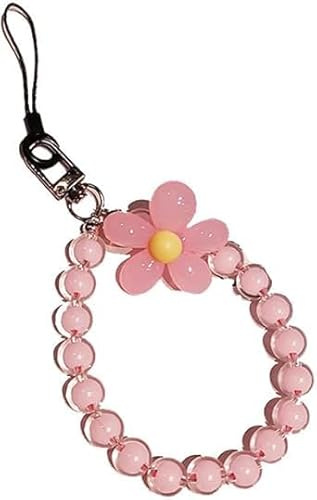 1 correa rosa para teléfono móvil, pulsera de flores con cuentas creativas para colgar, llavero de cuerda antipérdida, correa de muñeca de plástico