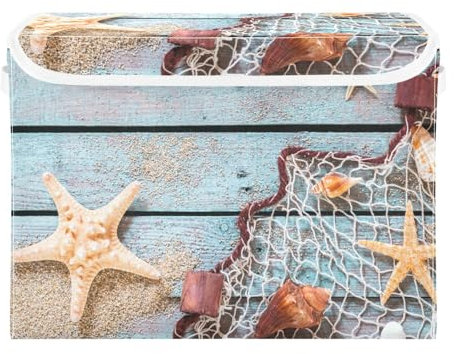 Yopersonalizes Aufbewahrungsboxen mit Deckel, Seestern, Strand, Holz, faltbar, Stoff-Aufbewahrungswürfel mit Griffen, Aufbewahrungskörbe für Regale, Kleidung, Spielzeug, Kleiderschrank, 42 x 32 x 30