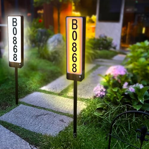 Solar Address Sign, House Numbers for Outside Light Up, Led Illuminated Address Number Outdoor with Stake, IP65 Waterproof Warm/Cold White Outdoor House Plaque for Yard Driveway Home Street