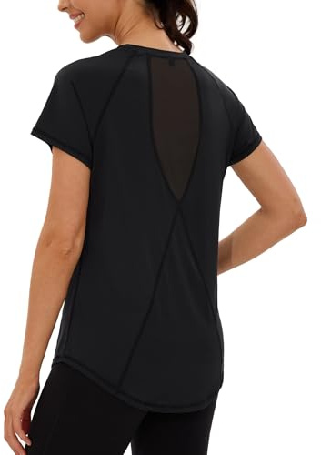 Terecey Sport Tshirt Damen Kurzarm UPF 50+ Basic Funktionsshirt Atmungsaktiv Laufshirt Wandershirt mit Back Mesh Sport Oberteile fur Fitness Yoga Laufen, Schwarz S