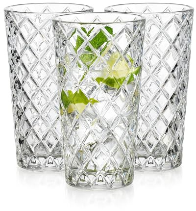 Glaver's Drinking Glasses - Set of 10-14oz. Highball Glass Cups - Dishwasher Safe Cocktail - Diamond Cut Shape - Tall Beer Glasses, Water Glasses, Bar Glass, Wine, Juice, Iced Tea