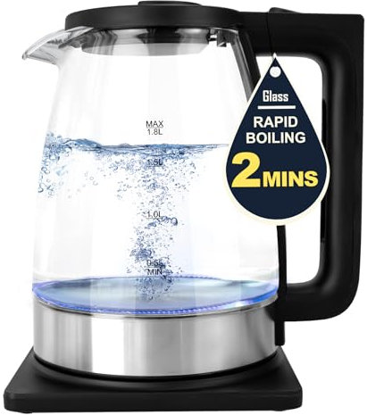 WatiHomic Electric Kettle, 1.8L Glass Kettle with Blue LED, 1800W Cordless Kettles, Fast Boil Quiet Kettles, Boil-Dry Protection, Auto Shut-Off, Easy Clean, BPA Free, Stainless Steel Water Tea Kettle
