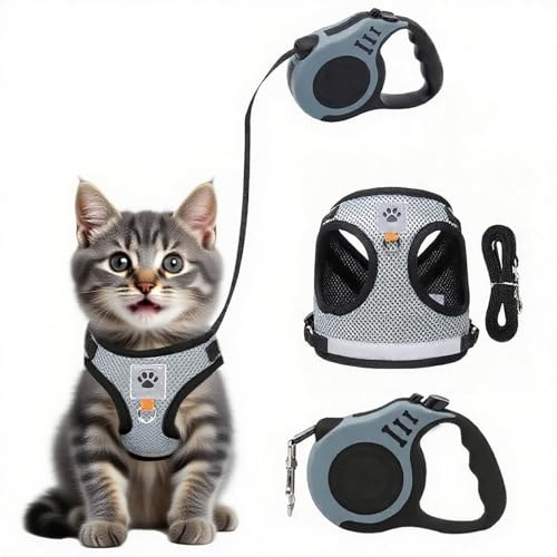 Katzengeschirr mit Leine Verstellbar Ausbruchsicher Katzengarnitur Harness Katzenweste Softgeschirr für Katzen Hunde mit Katzenleine 5m /16,4 Fuß Grau (S)
