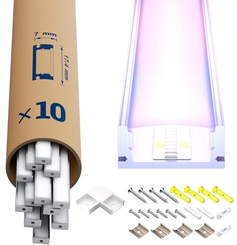 LASLUX LED Aluminium Profil 10 × 2m – U-Form Aluprofil mit weißer Abdeckung, Endkappen & Montageclips – Alu Leiste für Lichtstreifen bis 12 mm – Led Profile Schiene Kanäle Leiste Diffusor