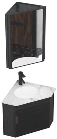 Schwarzes Eckwaschbecken mit Spiegelschrank und Aufbewahrungsbehälter, Wandmontage, 47 cm