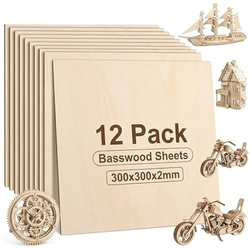 SOIMISS Basswood Sheets for Cutting - 12 Pcs 300x300*2mm Unfinished Plywood Wood Boards for Crafts - Flat Blank Crafting Planks for Engraving Wood Burning Model Making, Paintings