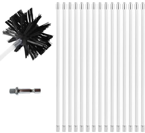 Chimney Cleaning Brush Kit, 15 Flexible Rods with 100mm Nylon Rotary Brush for Fireplace, Dryer Vent & Flue, Durable Duct Sweeping Set with 1 M8 Thread