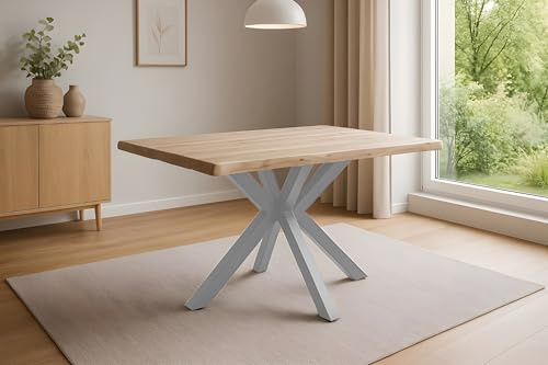 SAM Esstisch Harley | 140 x 80 cm | Akazienholz massiv | Farbe: Natur lackiert | echte Baumkante | Spider-Gestell Metall Silber | pflegeleichter Baumkantentisch/Esszimmertisch/Küchentisch