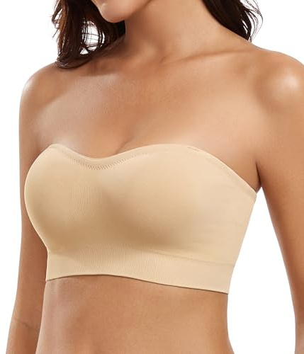 DotVol Women's Non-Slip Wirefree Strapless Bra with Removable Pads Seamless Multiway Bandeau Tube Bra(Beige,M)