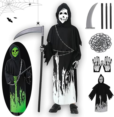 HUTRADE Costume Halloween Bambino Morte – Tristo Mietitore con Mantello, Cappuccio, Maschera, Falce e Guanti Fosforescenti, Set Completo per Bambini 7-14 Anni per Halloween, Carnevale e Cosplay (M)