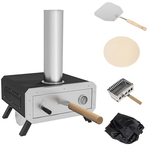 Four à pizza portable à granulés de bois Outsunny avec pierre à pizza rotative de 30 cm, pelle et couvercle, four à pizza à bois avec thermomètre pour cuisiner en plein air dans le jardin