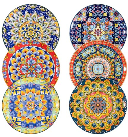 Sweejar Home Salatteller 8 Zoll, Keramik-Dessertteller, 6er-Set, kleine Essteller im Bohème-Stil, spülmaschinen- und mikrowellengeeignete runde bunte Teller für die Küche (farbenfroh)