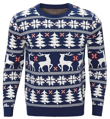 Bresdk Jultröja, herr, jultröja med rund hals, jultröja med renmönster, varm stickad tröja, jultröja familjeset för julfest, blå, XL