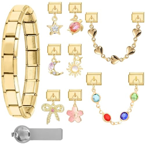 papasgix Italian Charm Bracelet Charms Gold Silber Anhänger Set 9mm Italian Charm Armband Glieder für Damen DIY Bracelet Tool Module Charms für Armbänder Kette (12er Gold Chain)