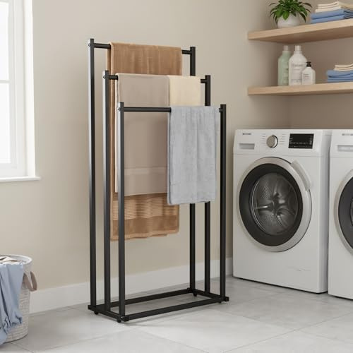DFENG Porte Serviette sur Pied Salle De Bain, Support Serviettes Autoportant en Métal, Porte-Serviettes Noir sur Pied à Trois Niveaux, pour Les Serviettes de Toilette et Les Draps de Bain