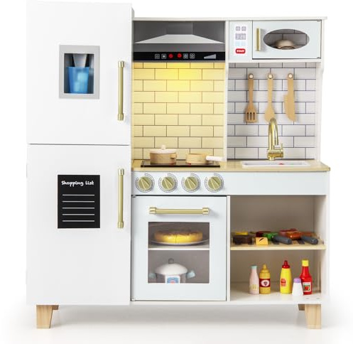 COSTWAY Kids Play Kitchen, Wooden Pretend Toy Kitchen with Realistic Lights & Sounds, Range Hood, Chalkboard, Sink, Faucet, Children's Chef Role Play Set for Boys Girls (White)