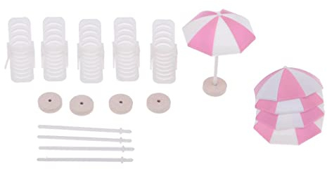 5 Set Miniature Beach Deck Chair Umbrella Model Dollhouse Garden Decor Pink, Pink White
