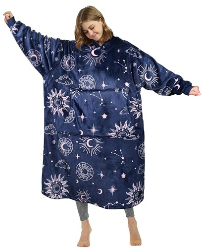Catalonia Classy Extra Lang Hoodie Decke mit Ärmeln - Kuscheldecke Geschenk für Frauen Herren, Übergröße Kuschelpullover mit Kapuze Flauschig Fleece Decke zum Anziehen, Astrologie Marine
