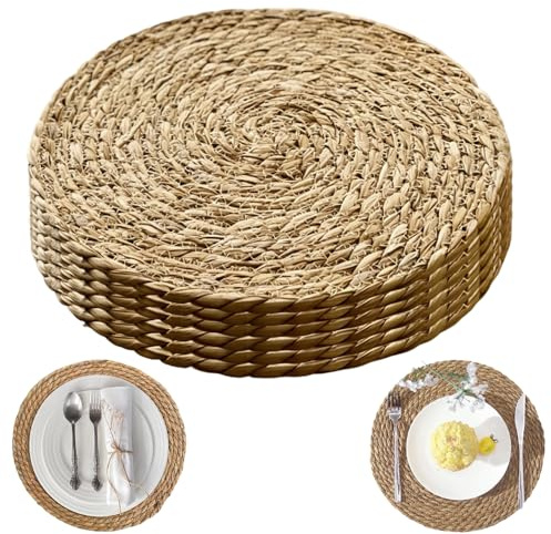 Round Woven Placemats Set of 6, 30cm Water Hyacinth Table Mats Woven Wicker Table Place Mats,Wicker Placemat, Rattan Placemat, Braided Wicker Table Mats Dining Table, Home, Party, Wedding
