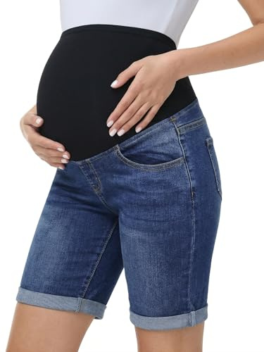 Gowjog Pantalones Vaqueros Cortos de Maternidad con Soporte Abdominal y Dobladillo Doblado Elásticos para Verano
