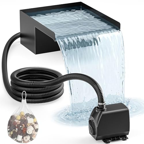 PONDIA Kit de Cascada para Estanque 20 cm: Conjunto de Desagüe Cascada en Acero Inoxidable 304, Bomba 2500 L/h, Manguera Antihielo 3 m y Cable 5 m – Kit Fuente Completo