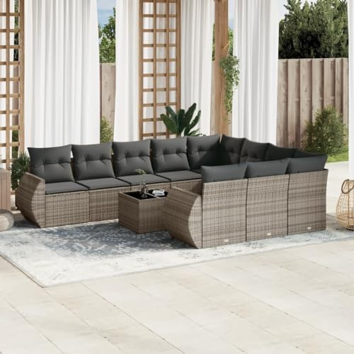 LoogCape Ensemble canapé de jardin 11 pièces avec coussins gris - Salon en rotin synthétique avec espace de rangement - Groupe de sièges d'extérieur modulaires pour terrasse, balcon et véranda