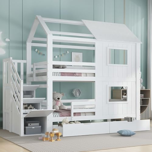 Mrwoo Etagenbett Hochbett 90x200 cm mit Stauraum, Kinderbett mit Fenster und Dach, Stauraumbett mit 2 Schubladen und Treppe, Rausfallschutz Geländer, Holz, Weiß (Ohne Matratze)