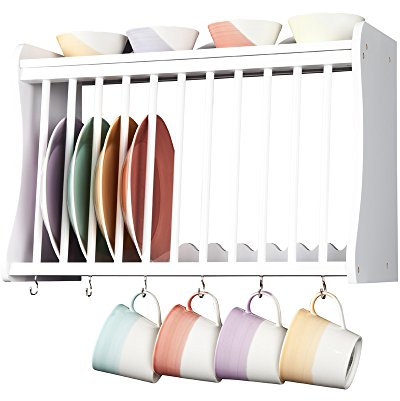 Elegant Brands Kitchen Plate Rack, White, Wooden, Wall-mounted or Freestanding Worktop Storage. Upper shelf + 6 hooks below. Traditional design from the Minack Range