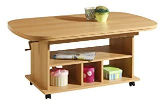 Hela Tische Funktionscouchtisch Babsi, Buche, höhenverstellbar ausziehbar | Holzwerkstoff melaminbeschichtet, höhenverstellbar 53-63cm, ausziehbar 107-157cm, auf Rollen