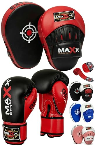 Maxx Focus pads + gloves set, hook and jab pads, training focus mitts, boxing pads, sparring pads (BLACK/RED, 14OZ)