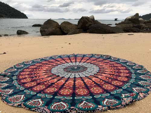 raajsee Blue Orange Round Beach Tapestry Hippie/Boho Beach Blanket Mandala/Indian Cotton Throw - Round Tablecloth/Home Decor/Indie Rug Yoga Mat Meditation Picnic Rugs 178 CM / 70 INCHE Circle