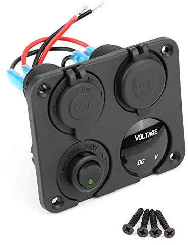 Keenso Auto 4 Gang Kippschalter Panel, 12V-24V Ein- / Aus Kippschalter Panel + Duales USB-Ladegerät + Zigarettenanzünder Steckdose + Voltmeter für Autos, RV, Wohnwagen, Yachten, Marine (Grün LED)