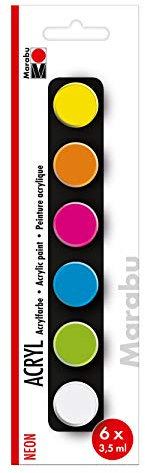 Marabu 1210000000204 - Einsteigerset Acrylfarben Neon, 6 Farben in 3,5 ml Näpfchen, auf Wasserbasis, wasserfest und lichtbeständig, schnelltrocknend für Keilrahmen, Papier, Pappe, Holz