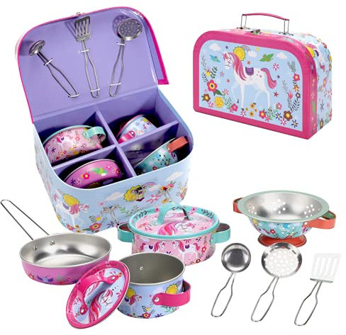SOKA Unicorn Metal Kids Kitchen Set with Carry Case - 10 Pcs Illustrated Colourful Design Pretend Role Play Toy Pots and Pans Set Toy Kitchen Accessories for Children Boys Girls