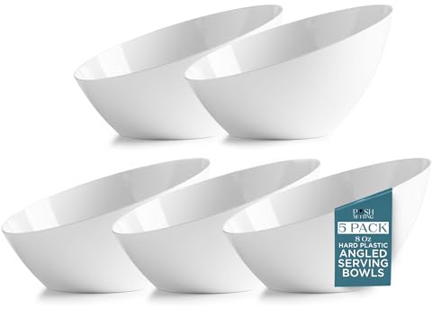 Posh Setting - White Plastic Serving Bowls for Party Angled Bowls Disposable Chip Bowls Candy Bowls for Party Table Salad and Fruit Bowls for Party Wedding Serving Bowls - White, 8 OZ, 5 Pack