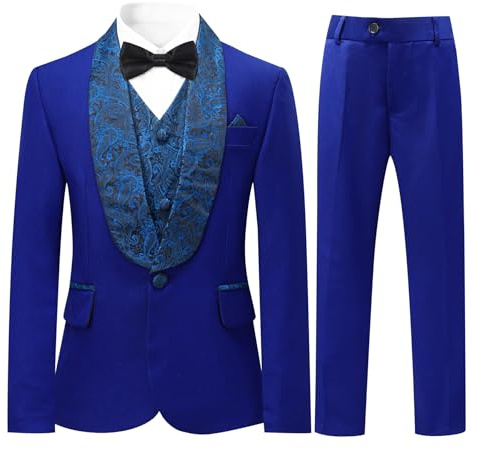Sliktaa Jungen Anzug 3-Teilig Slim Fit Paisley | Gefütterte Jacke Hose Weste Fliege Pattentaschen glatter Stoff für Hochzeit Geburtstag Familienfeier Alltag Ball Mode