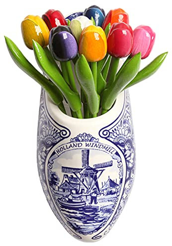 MomoMoments Tulpenstrauß aus Holz in einem Delfter Blauen Holzschuh (Clog), 9 Holztulpen, 21 cm hoch, handbemalt, Blumenstrauß, Dekoration, Holzblumen, Made in Holland