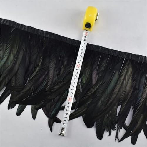 1 Meter farbige Hahnfedern auf Klebeband, Federband, Fransen, Nähen für Kleidung, 10–12 Zoll, 25–30 cm, Bastelfedern, Schwarz