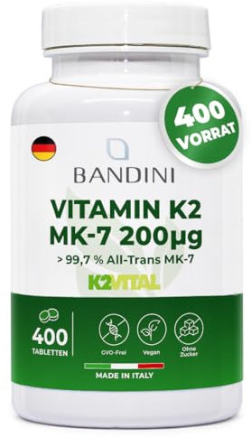 Bandini® Vitamin K2 MK-7 200µg (mcg) VEGAN | 400 Mikrotabletten | K2 rein natürliches Menachinon 7 | All-trans Gehalt >99,7% Vitamin K 2 | Blut- und Knochengerinnung | 1 Tablette pro Tag für 1 Jahr