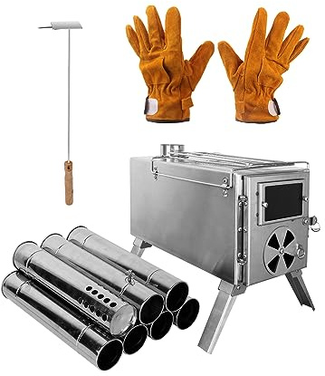 SOPPY Portable Wood Burning Tent Stove With Chimney Pipes - Stainless Steel Camping Cookware for Heating, Lodging, and Cooking - Silver