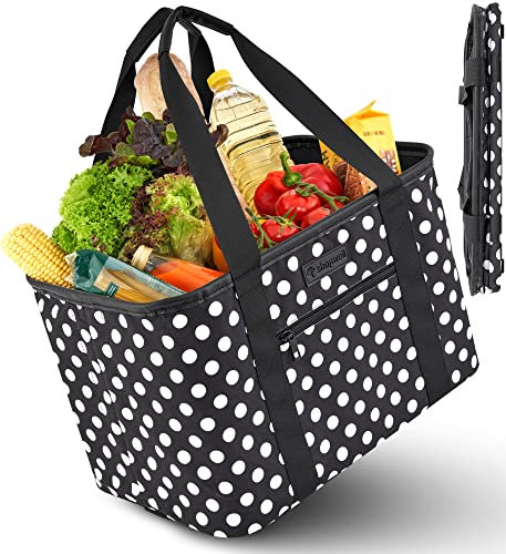 Einkaufskorb faltbar in Premiumqualität | Einkaufstasche mit weichem PU-Ledergriff | idealer Korb zum Einkaufen 30 Liter| stabile & sichere Shopping Bag (schwarz/weiss gepunktet)