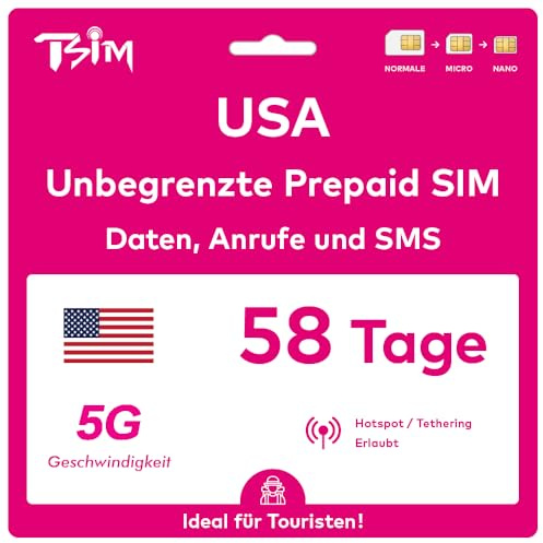 Scheda SIM USA valida per 58 giorni. Rete T-Mobile con dati illimitati ad alta velocità su 5G/4G/LTE | Chiamate e SMS locali illimitati negli Stati Uniti (inclusa Hawaii). Scheda SIM 5G!